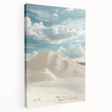 Stretched canvas artwork depicting serene sand dunes landscape in warm tones, showcasing intricate textures and peaceful ambiance, ideal for home decor.