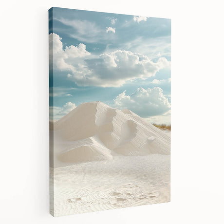 Stretched canvas artwork depicting serene sand dunes landscape in warm tones, showcasing intricate textures and peaceful ambiance, ideal for home decor.