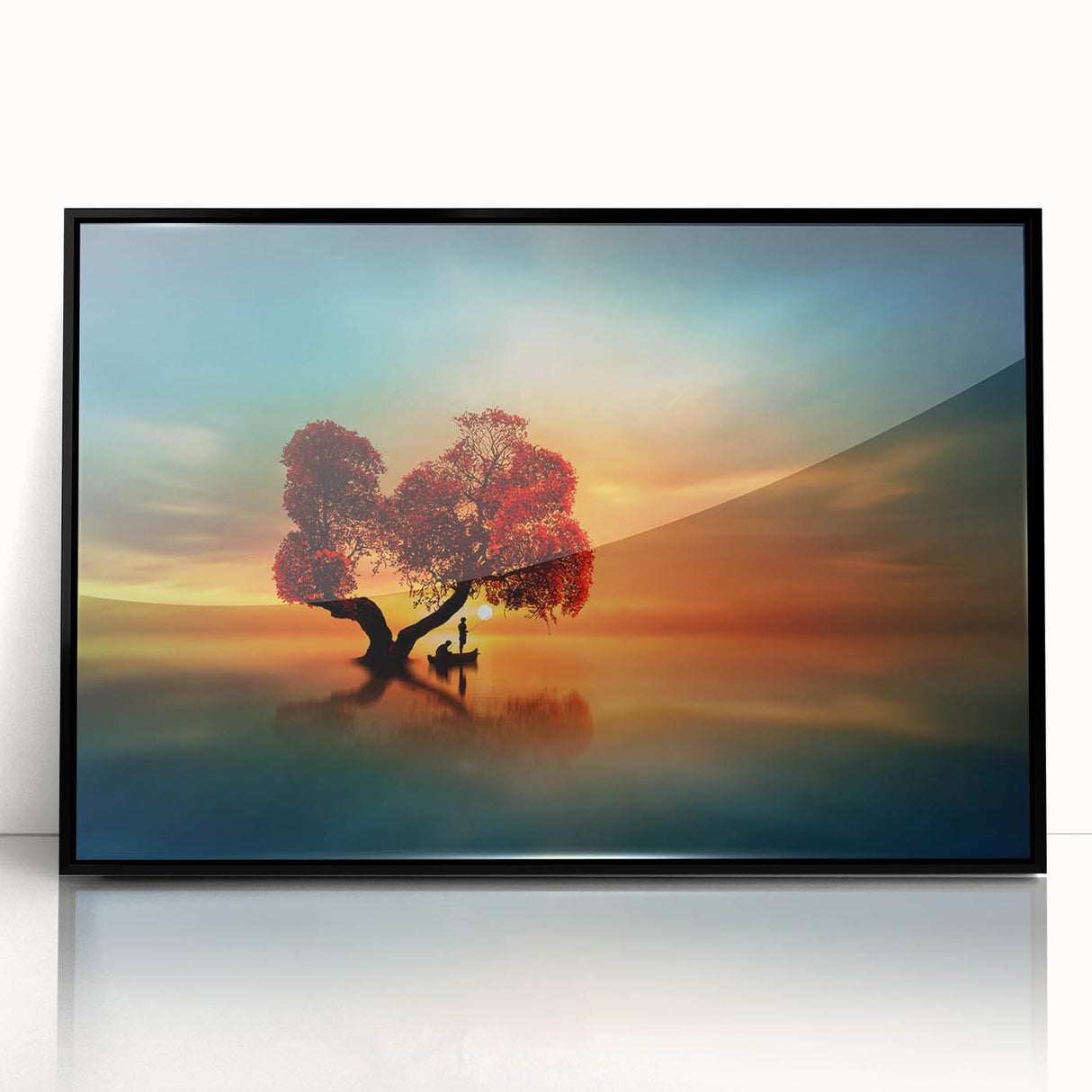 Framed acrylic artwork depicting a serene landscape of lush green fields under a clear blue sky, set in a sleek black frame, perfect for home decor enhancement.