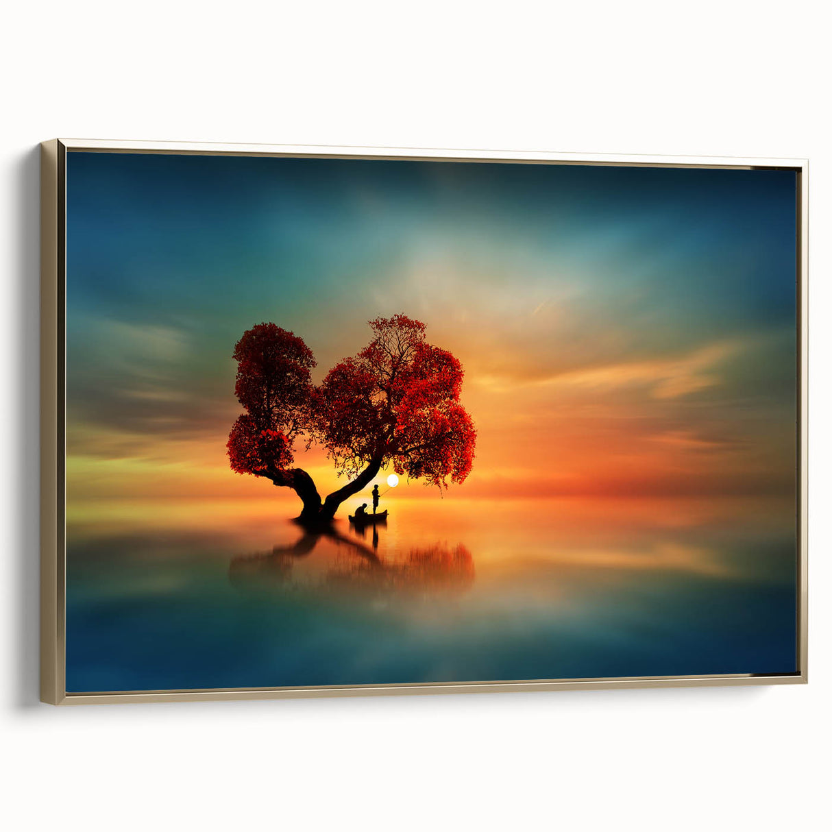Framed canvas artwork showcasing a serene landscape with golden accents, set against a neutral background. Ideal for enhancing modern home decor and creating a calming atmosphere.