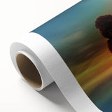 Rolled canvas showcasing vibrant landscape artwork with fields in rich greens and yellows, expertly packaged in a protective cardboard tube for delivery.