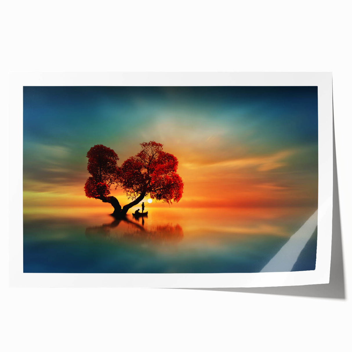 Vibrant rolled print depicting a serene landscape with lush green fields and a clear blue sky, elegantly packaged in a protective cardboard tube for shipping.