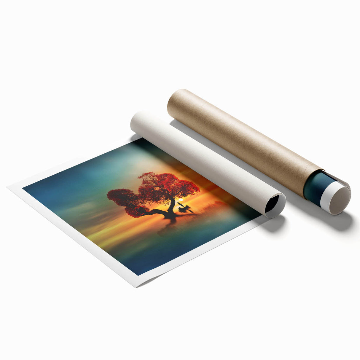 Serene landscape print of rolling green fields under a bright blue sky, expertly rolled for easy transport, ideal for home decor or art enthusiasts.