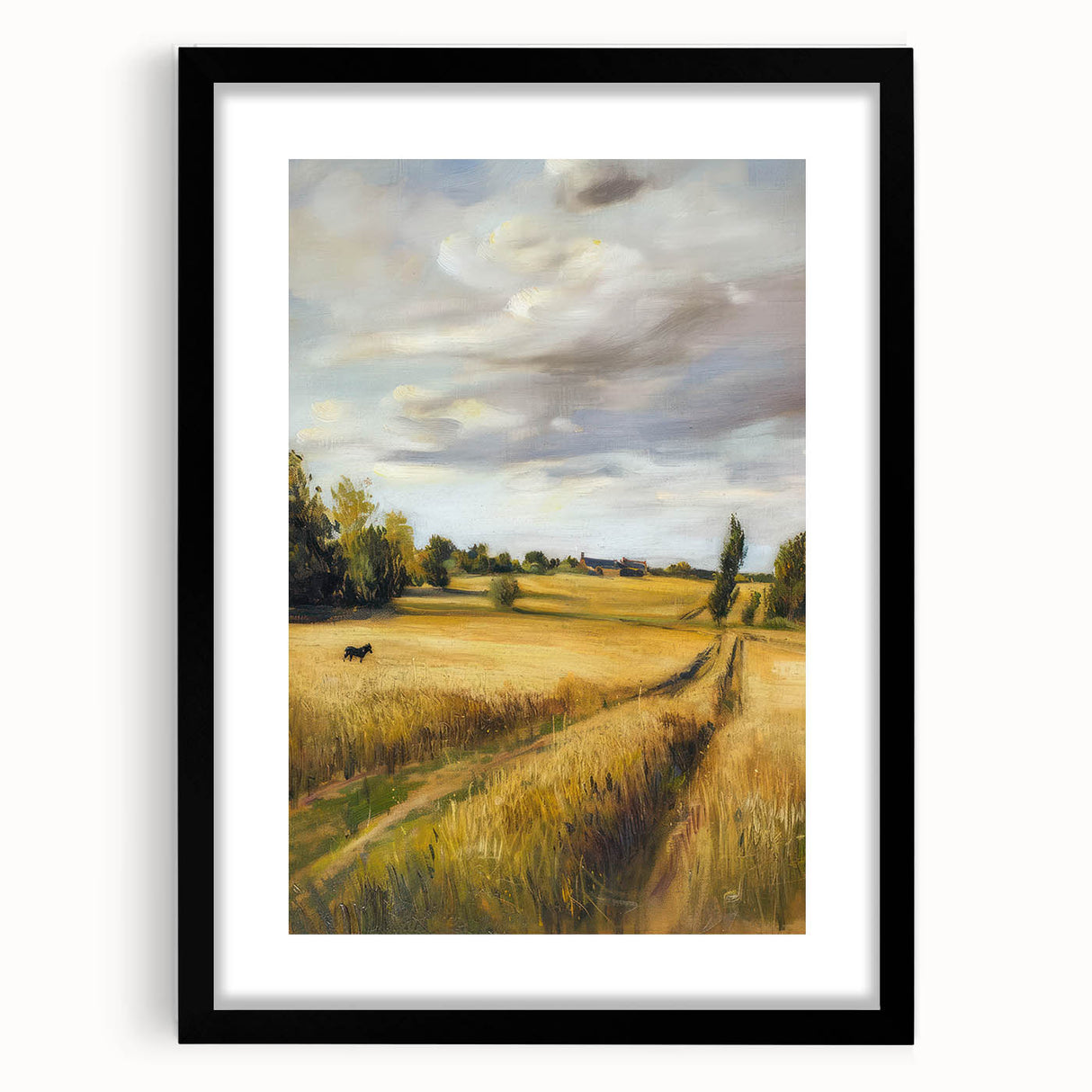 Black frame showcasing a design of 30 landscapes with a mat, ideal for modern home decor. The front view highlights its sleek lines and elegant presentation.
