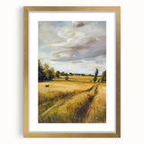 Elegant gold-framed landscape artwork with a mat, showcasing a serene nature scene in soft colors, ideal for enhancing home decor and creating a calming atmosphere.