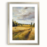 Silver-framed landscape artwork with a white mat, showcasing a scenic view, perfect for home decor or office settings. Ideal for enhancing interior aesthetics.