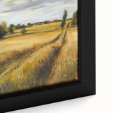 Close-up of a framed canvas showcasing a vibrant landscape design with rich colors and intricate details, ideal for home decor or art enthusiasts.