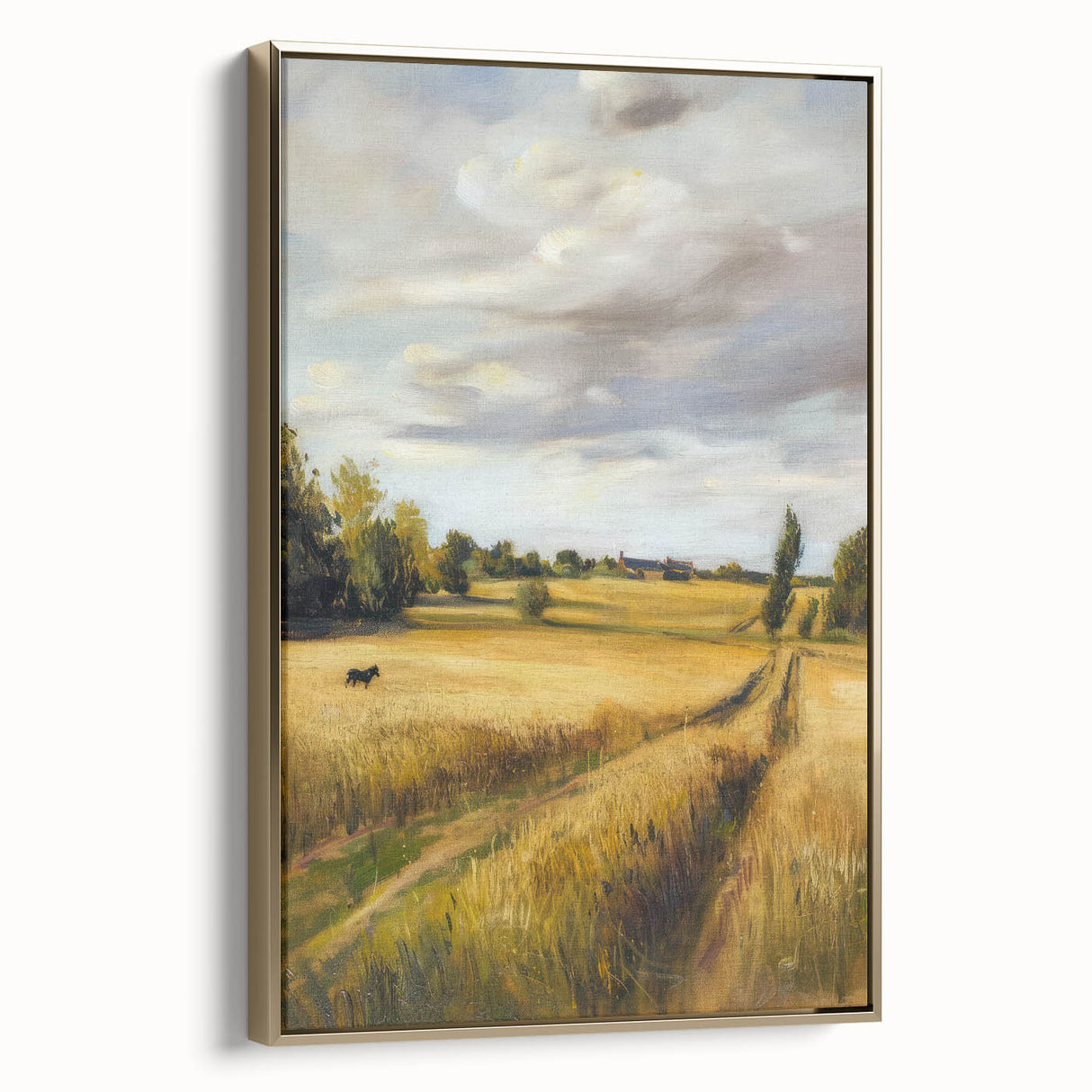 Framed canvas artwork showcasing a vibrant landscape design with a gold frame, highlighting rich colors and intricate details, perfect for home decor enhancement.
