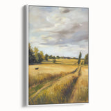 Framed canvas art depicting a serene landscape design with vibrant colors, showcased in a sleek white frame, ideal for modern home decor.