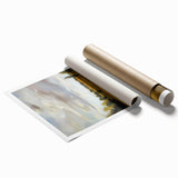 Rolled print showcasing a vibrant landscape design featuring lush green hills and a dramatic sunset, elegantly packaged in a protective cardboard tube for easy display.