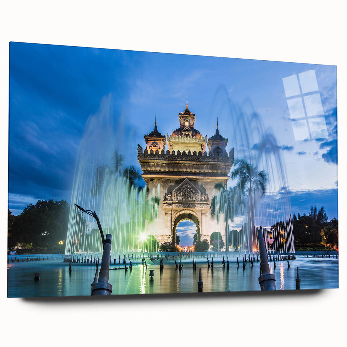 Large abstract wall art of a Laotian landscape in muted green and blue tones on acrylic glass.