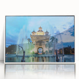 Framed acrylic print of a serene Laos landscape in muted green and blue tones, suitable for modern art wall decor.