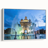 Extra large framed canvas featuring a vintage poster art of a Laos scenery in colorful hues, ideal for living room decor.