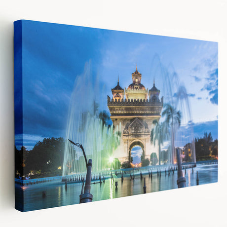 Panoramic view of a Laotian landscape on a large stretched canvas, featuring lush greens and blues.