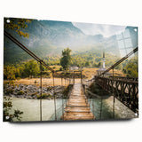 Large abstract wall art of a European Albanian landscape on acrylic glass, with muted earth tones.