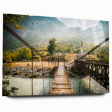 Large abstract wall art of a European scenery in muted earth tones on acrylic glass, ideal for bedroom or dining room decor.