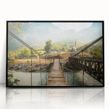 Large abstract wall art depicting a serene Albanian landscape in muted earth tones, framed in black acrylic.