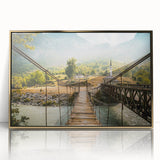 Mid-century modernist art depicting an Albanian landscape in muted gold tones on a framed acrylic.