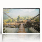 Large art print of an Albanian landscape on framed acrylic, featuring mid-century modernist style with muted earth tones.