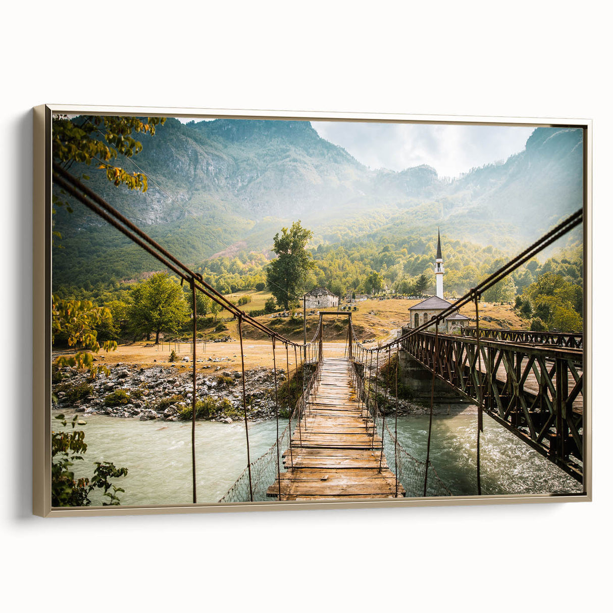 Vintage poster art of a European Albanian scenery on extra large framed canvas with gold accents.