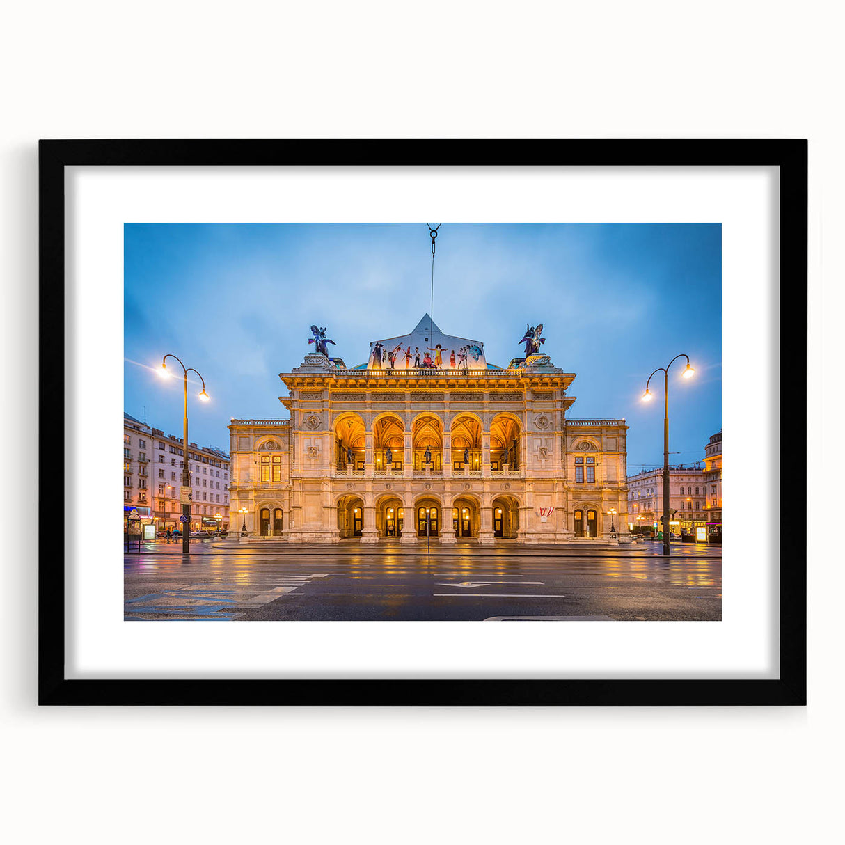 Abstract art print depicting a vibrant, textured European scenery in a black frame, ideal for living room decor.