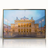 Art Deco poster featuring a scenic European landscape in muted gold tones, acrylic print framed.