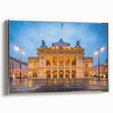 Framed canvas of a European landscape painting featuring muted earth tones and vintage poster style.