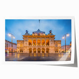 European landscape with floral foreground in muted green and blue tones on a large rolled canvas print.