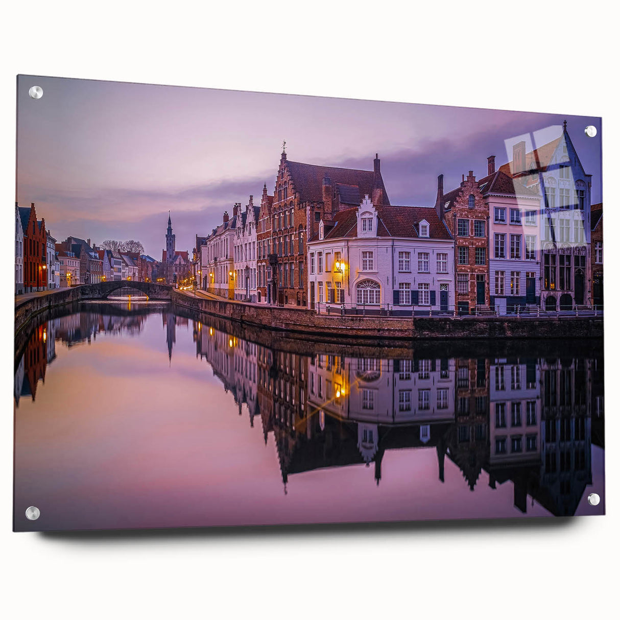 Acrylic glass print of a serene European landscape in soft, natural hues, ideal for dining room decor.