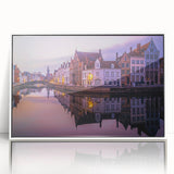 Framed acrylic print of a serene Belgian landscape in muted green and blue tones, ideal for modern art wall decor.