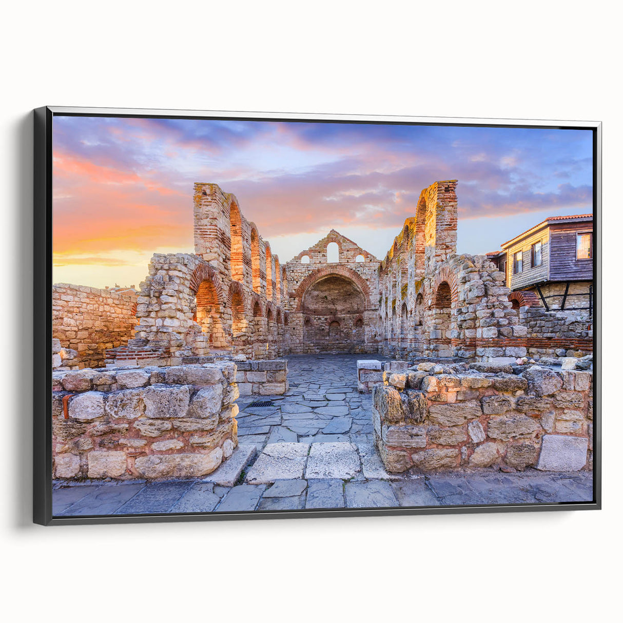 Black and white framed canvas of a Bulgarian landscape, ideal for bedroom wall decor.