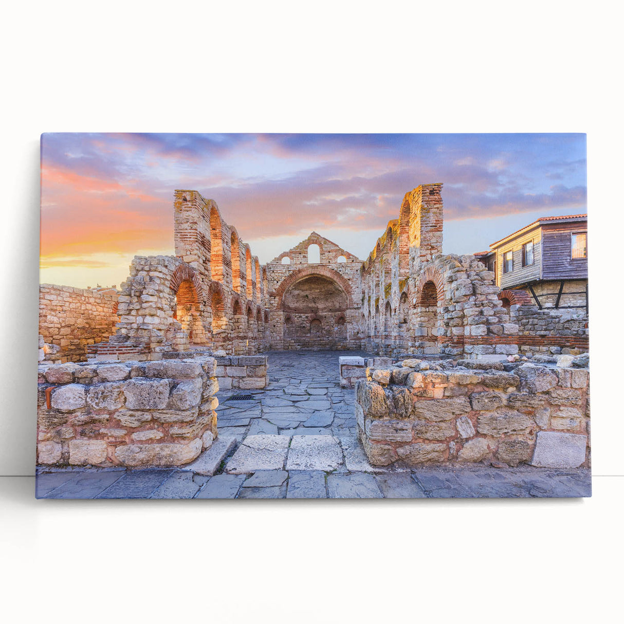 Black and white photograph of a European street scene on stretched canvas, ideal for kitchen wall art.