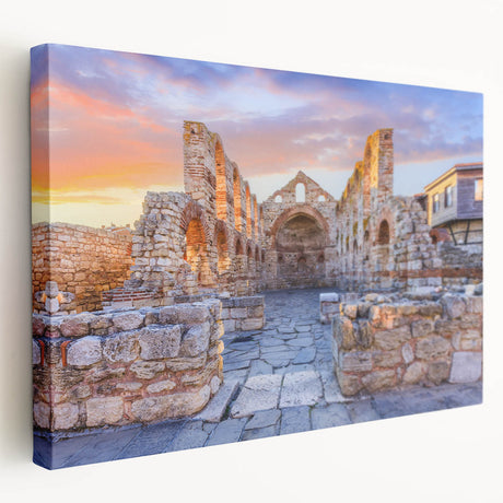 Scenic Bulgarian landscape on large stretched canvas with soft earth tones, ideal for kitchen wall art.