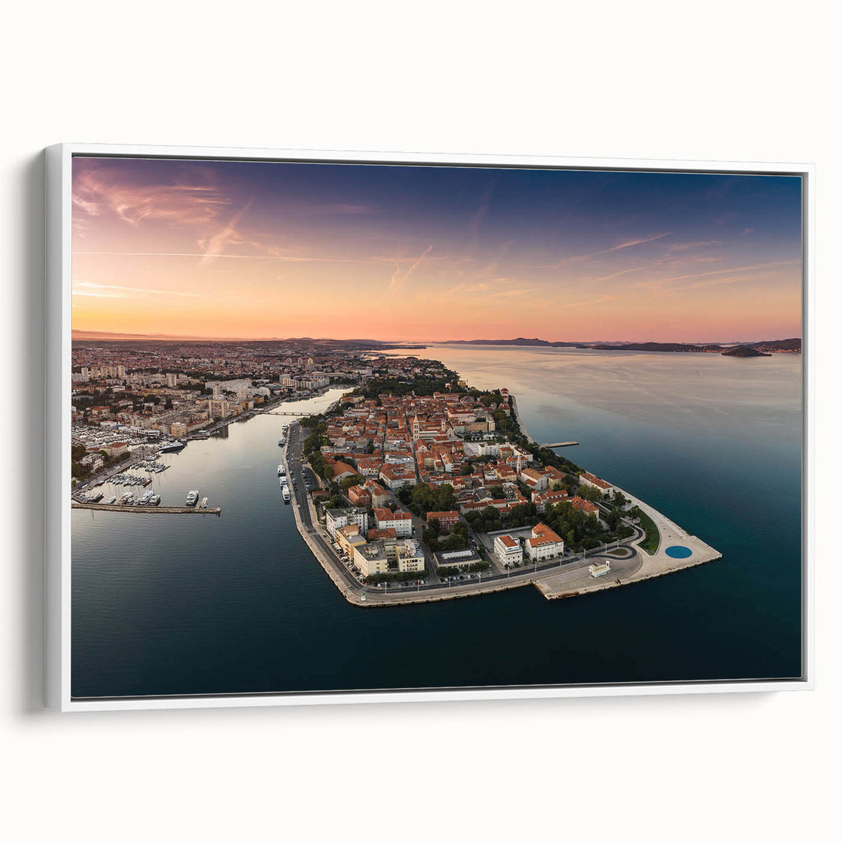Vintage poster art of a Croatian landscape, colorful palette, framed canvas, ideal for living room decor.