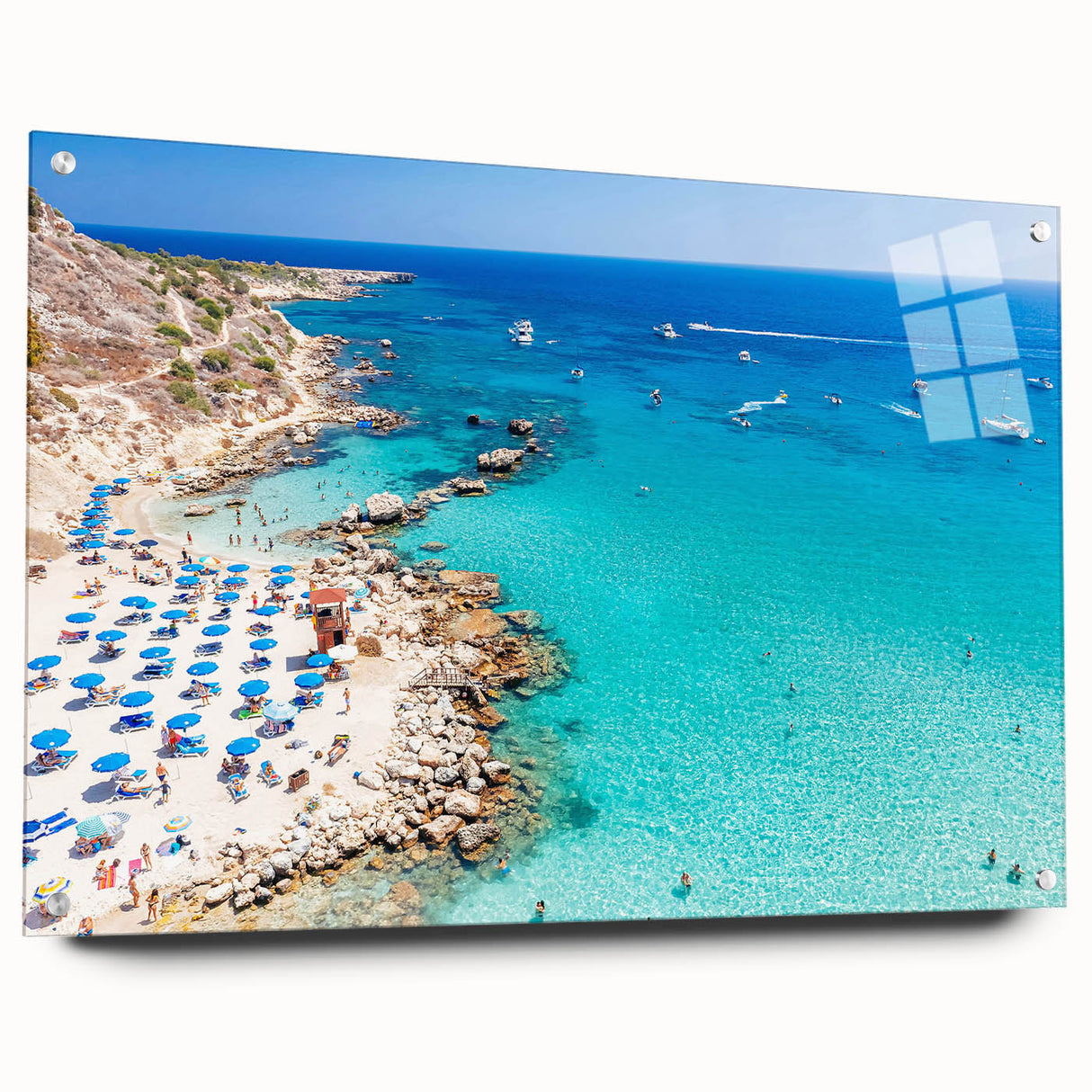 Large abstract wall art of a European Cyprus landscape in muted earth tones on acrylic glass.