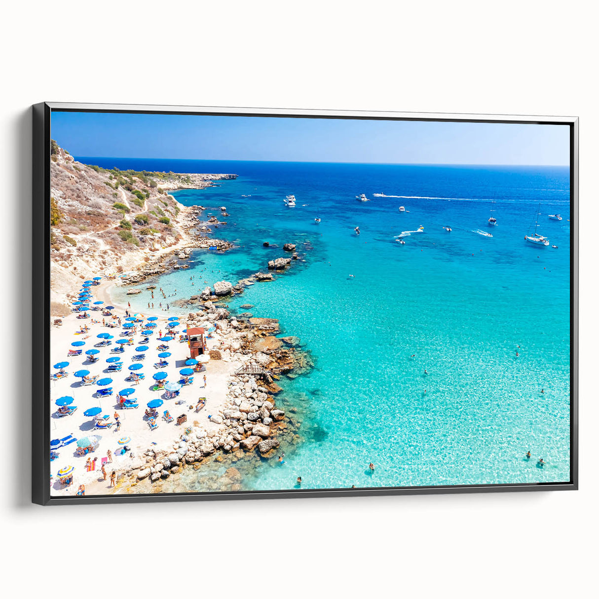 Black and white wall art featuring a vintage poster-style landscape of Europe on framed canvas, suitable for bedroom decor.