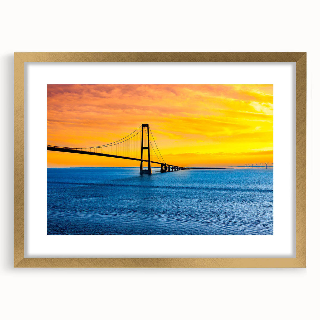Abstract art print of a European scenery in muted gold tones, framed with a mat, ideal for dining room decor.