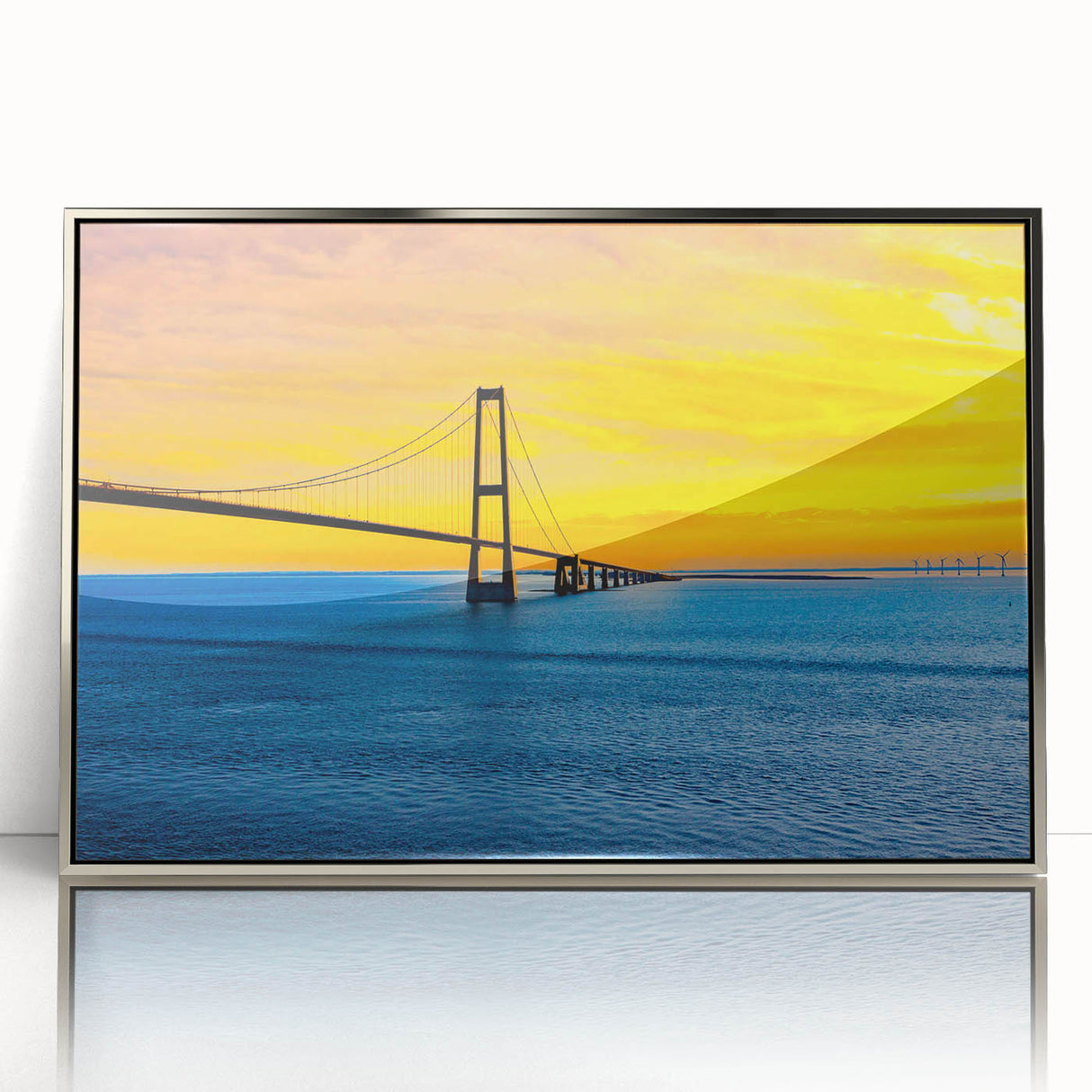 Large framed acrylic print of a serene Danish landscape in muted green and blue tones, perfect for modern art wall decor.