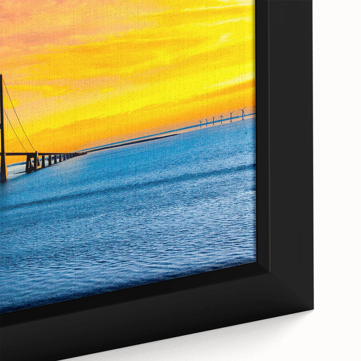 Close-up of extra large framed canvas featuring a textured, colorful European scenery in black, ideal for living room decor.