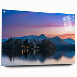 Acrylic print of Cumbria landscape with green fields and distant hills, suitable for bedroom or dining room decor.