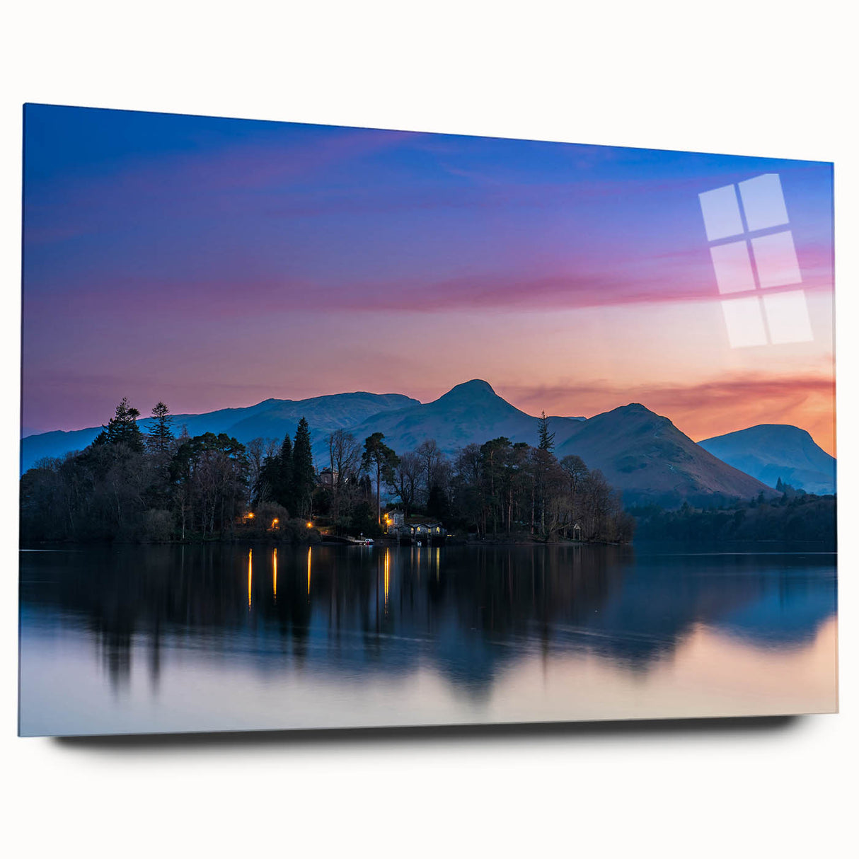 Large abstract wall art depicting Cumbria's landscape in muted green and blue tones on acrylic glass.