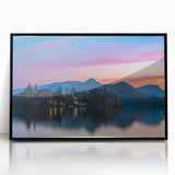 Large abstract wall art depicting a serene Cumbrian landscape in muted earth tones, framed in black acrylic.