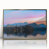 Art deco poster of Cumbria landscape in muted gold and green tones, acrylic print framed, ideal for modern art wall decor.