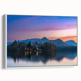 Vintage poster art depicting a scenic European countryside in Cumbria, England on a large framed canvas with a white border.