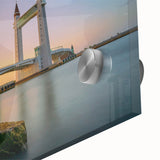 Large abstract depiction of the London skyline in muted gray and blue tones on acrylic glass, ideal for dining room art.