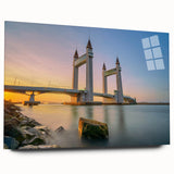 Acrylic print of a large abstract interpretation of the London skyline in muted gray and blue tones.