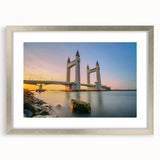 Extra large abstract art print of London scenery in muted gray and silver tones, framed with a matte silver finish.