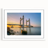 Textured art of abstract London skyline in muted gray and blue tones on a framed white mat, ideal for bedroom art.