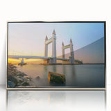 Large art print of London skyline in muted gray and blue tones on a framed acrylic, ideal for modern bedroom ambiance.