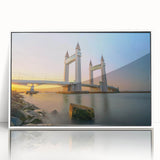 Mid-century modernist art of London skyline in muted colors on framed acrylic, ideal for nursery wall art.